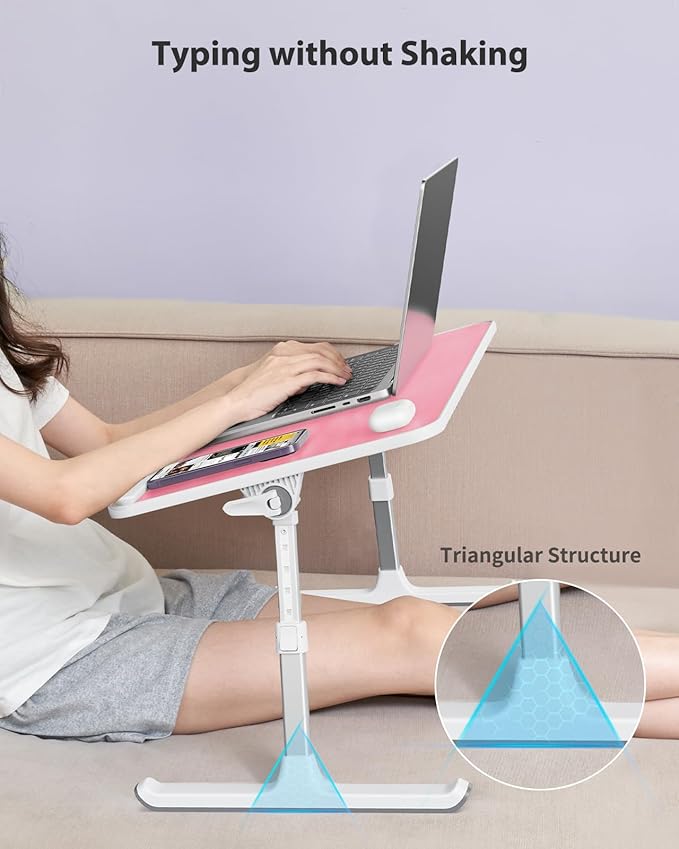 SAIJI Height & Angle Adjustable Laptop Stand, Lap Desk Bed Tray Table, Light Weight Foldable Portable Laptop Table for Couch, Sofa, Chair, Floor Desk for Adults, Kids (Pink)