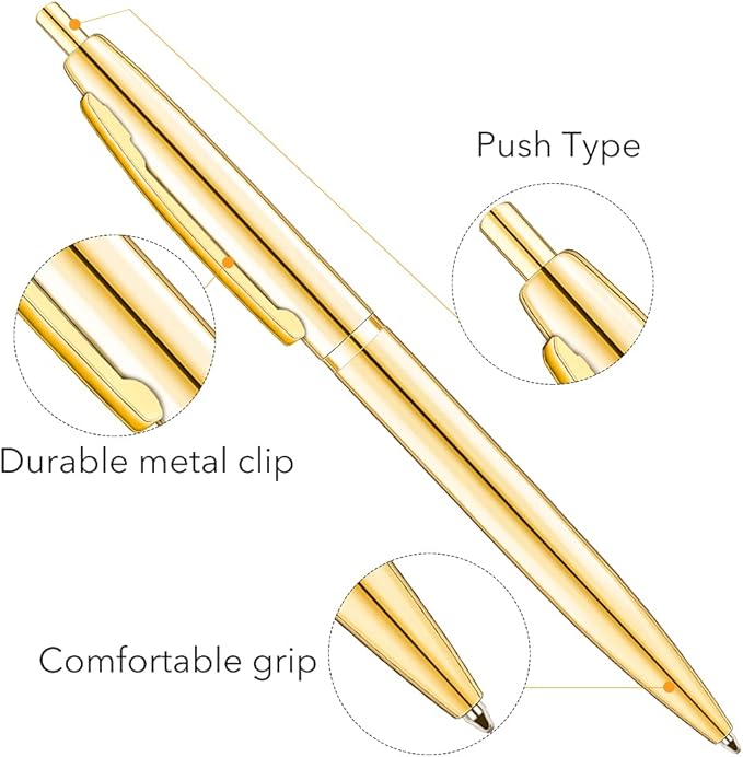 Unibene 6 Pack Gold Click Ballpoint Pens - Black ink Medium Point(1 mm), Metallic Retractable Pen Nice Gift for Business Office Students Teachers Wedding Christmas