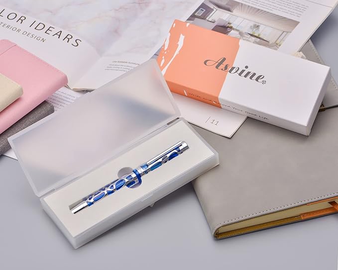 Asvine V169 Vacuum Filling Fountain Pen Medium Nib, Water Drop Skeleton Transparent Blue Acrylic Pen Case Set