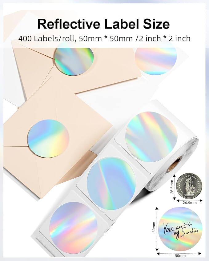 Phomemo 2" inch Round Reflective Thermal Labels, Color Self-Adhesive Stickers Label, Relly Cool Thermal Printer Label for Address, Logo, Shipping, Barcodes, QR Code (400 Labels/Rolls,1 Roll