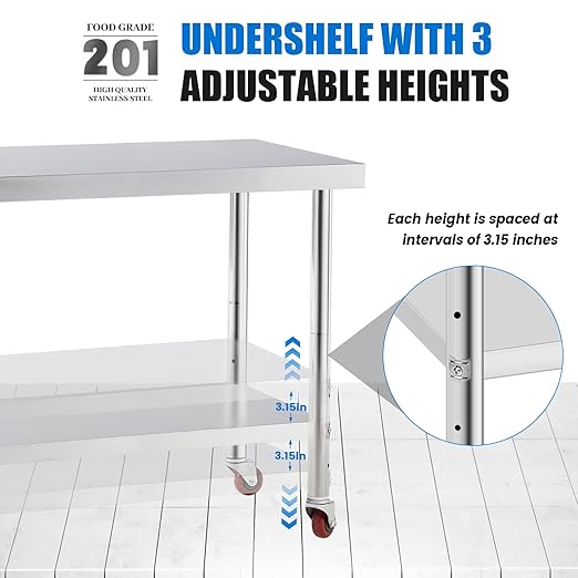 Stainless Steel Table for Prep & Work with 4 Caster Wheels with Adjustable Undershelf 24 x 30 NSF Metal Commercial Kitchen Worktable for Restaurant Home Outdoor