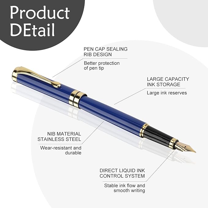 Tiankool Luxury Fountain Pen,Fine Nib, Exquisite Pen Gift Set for Men&Women-Includes 10 Ink Cartridges&Ink Converter- Nice Pens - Blue
