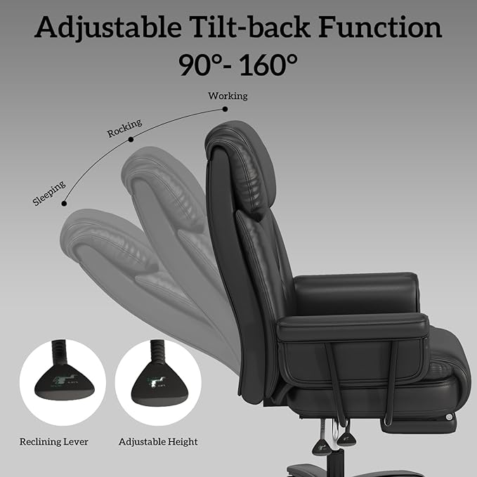 GYI Criss Cross Chair with Wheels, 160° Big and Tall Reclining Office Desk Chair with High Back, Wide Seat, Arms, Footrest, Black