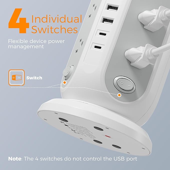 Tower Power Strip with Individual Switches, TESSAN Surge Protector with 12 Outlets, 5 USB Ports(2 USB C), Flat Extension Cord 10 Ft, Flat Plug, Charging Station for Multiple Devices, for Office, Dorm
