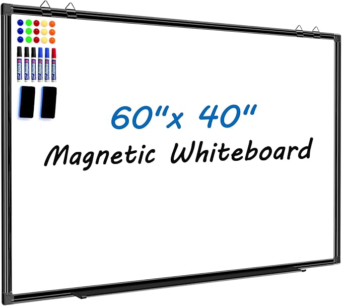 H-Qprobd Large Magnetic White Board Dry Erase Whiteboard with Black Aluminum Frame, 60"X40" Hanging White Boards for Wall with Long Pen Tray, Presentation Board for Office Classroom Home