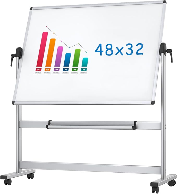 VIZ-PRO Double-Sided Magnetic Mobile Whiteboard, 48 x 32 Inches, Aluminium Frame and Stand