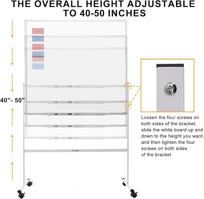 H-Qprobd Mobile Whiteboard 36"x24" Magnetic Dry Erase Board with Stand - Adjustable Height Double Side Rolling White Boards on Wheels for Home, Office & School