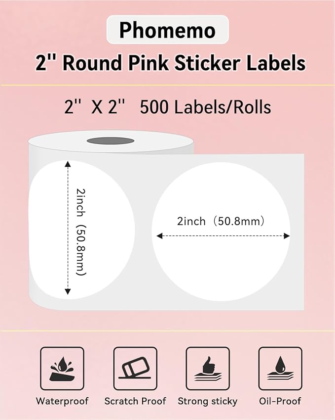 Phomemo 2” White Circle Thermal Label, Self-Adhesive Round Sticker Label, Circular Direct Thermal Printer Label for Phomemo 241bt, D520BT, B246D Label Printer, 750 Labels/Roll, White