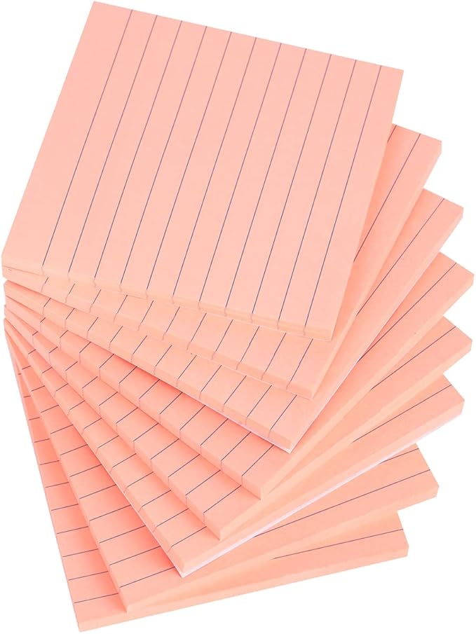 Vanpad Lined Sticky Notes 4x4 Inches, Bright Pink Ruled Self-Stick Pads, Easy to Post for Home, Office, Notebook, 8 Pads/Pack