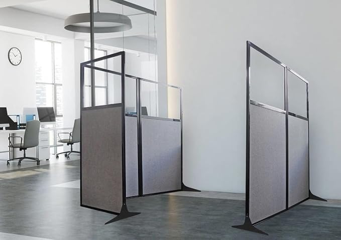 Versare Office Workstation Screen | Portable Wall Divider | Modern Cubicle | Freestanding Privacy Screen | Flexible Work Space | 3 Panels | 99" Wide x 70" Tall Marble Gray SoundSorb Panels With Window