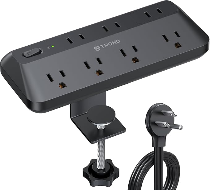 TROND Desk Clamp Power Strip - 1700J Surge Protector with 7 Outlets, Desktop Edge Mount Extension Cord, Fit 1.97" Tabletop, 10FT Flat Plug for Teacher Must Haves, Office, ETL List, Black
