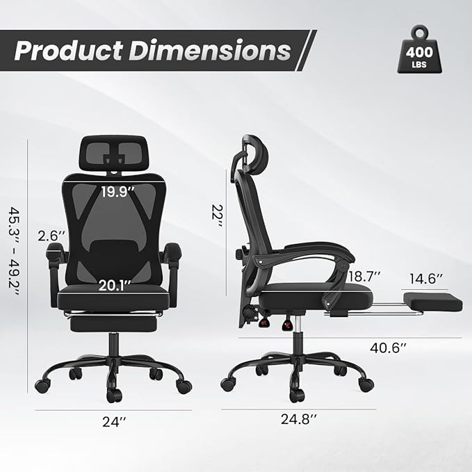 Farini Ergonomic Office Chair with Footrest, Mesh Office Desk Chair with Headrest, High Back Computer Chair with Adjustable Lumbar Support.for Home Office Study Room Bedroom (Black)