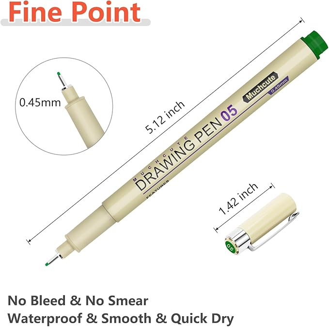 Muchcute 05 Micro Fineliner Drawing Art Pens: 12 Colors 0.45mm Extra Fine Point Bible No Bleed Smooth Journal Zentangle Study Supplies Colored Waterproof Line Ultra Needle Tip Fine liner Thin Gel Felt