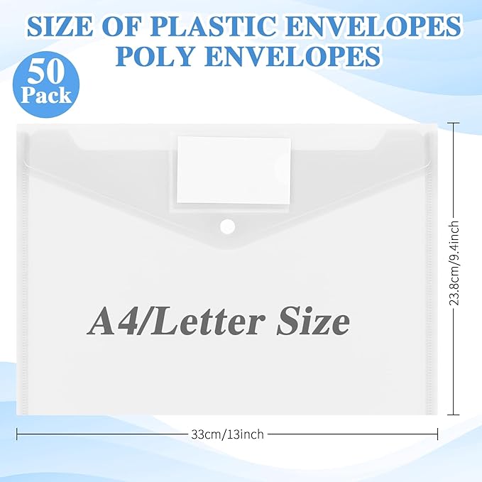 Yeaqee 50 Pcs Plastic Envelopes Poly Envelopes File Folders with Snap Button Closure Clear Folders for Documents US Letter A4 Size Filing Holder with Label Pocket for Home Office School(Transparent)