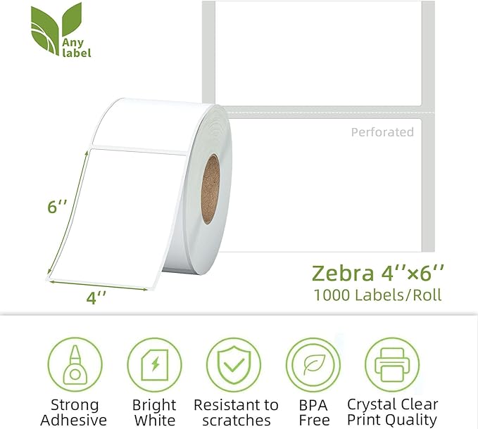 4"x 6" Multipurpose Direct Thermal Labels 3" Core Compatible for Zebra Industrial Printers Adhesive & Perforated (2 Rolls, 1000 Labels/Roll)
