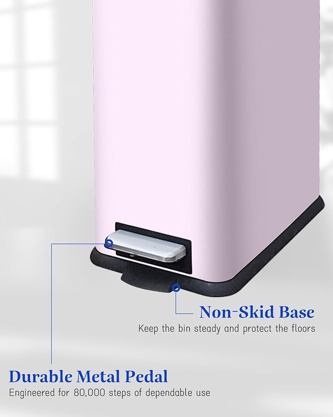 Rubbish Bin with Lid, 10 L, Stainless Steel Bathroom Waste Bin, Small Waste Bin, Pedal Bin, Stainless Steel for Bathroom, Bedroom and Office, Pink