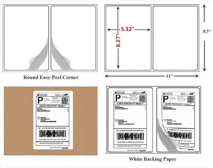 BESTEASY Round Corner Half Sheet Self Adhesive Shipping Labels for Laser and Ink Jet Printers, White Blank (2000 Sheets, 4000 Labels)
