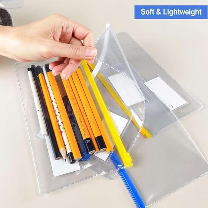 Small Zipper Plastic Envelopes, BOPART 30Pcs Plastic Pouch with Label Pocket, 9x4.7 Inches Clear Pencil Pouch Reusable Money Envelopes, Poly Zip Envelopes for Organizing & Storage