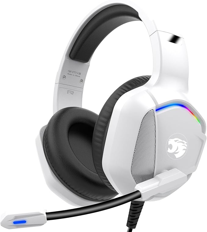 Gaming Headset with Microphone for Pc, Xbox One Series X/s, Ps4, Ps5, Switch, Stereo Wired Noise Cancelling Over-Ear Headphones with Mic, RGB, for Computer, Laptop, Mac, Nintendo, Gamer (White)
