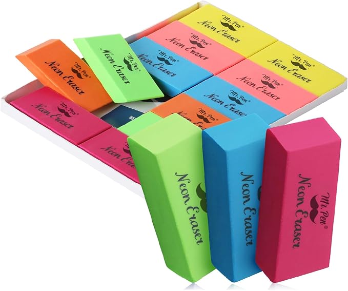 Mr. Pen- Pencil Eraser, 12 Pack, Neon Colors, Pencil Erasers for Drawing, Artist Eraser Pencil, Colorful Erasers for Kids