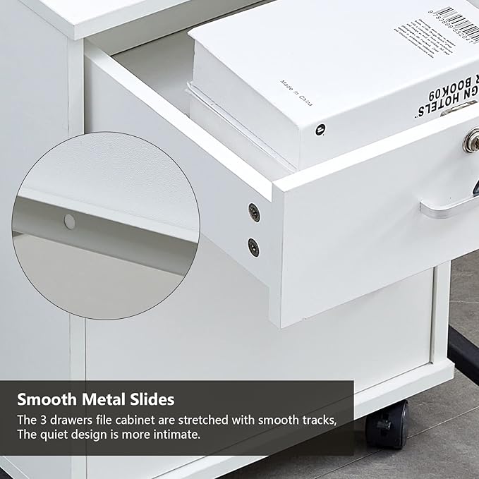 CLIPOP Rolling Storage Cabinet with Drawer, Home Office Cabinet with Lock, Under Desk Storage Cabinet for Home Office (White)