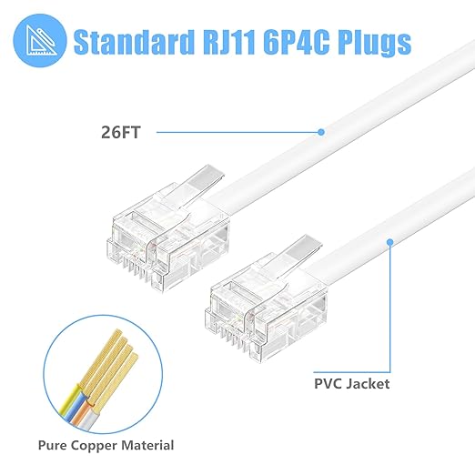 Phone Cord for Landline, 1 Pack 26 Feet(8M) RJ11 6P4C Phone Extension Cord, White Telephone Line Cord, RJ11 Extension Cable for Office or Home