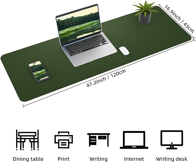 Leather Desk pad Protector, Large Desk mat with Natural Cork & PU Leather,Mouse pad,Non-Slip Office Desk Mat,Waterproof Desk Writing Pad for Office and Home (47in*17in,Military Green)