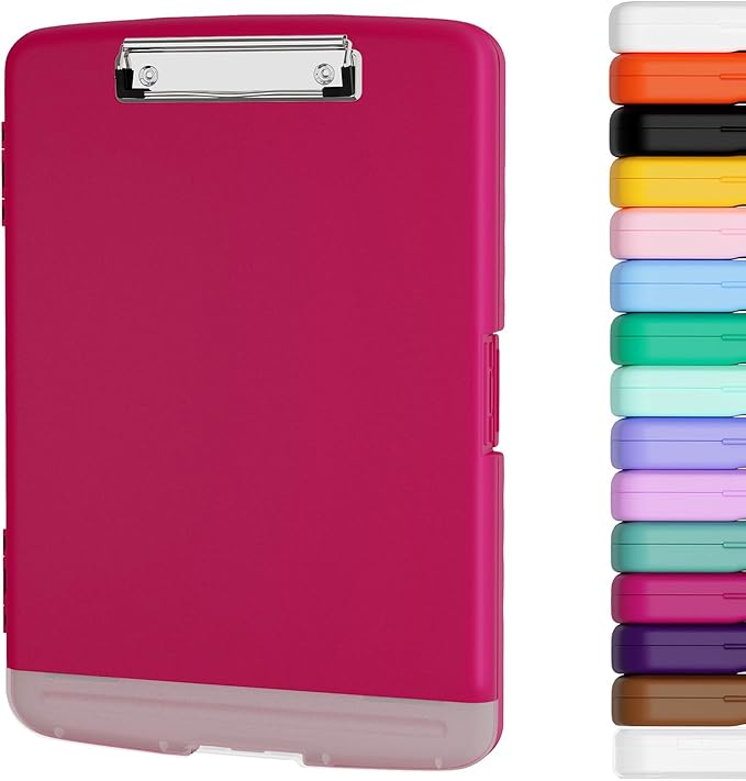 Piasoenc Clipboard with Storage, 8.5 x 11 Organization Box with Pen Holder and A4 Legal Paper Folder, Heavy Duty Plastic, Folio & Side-Opening, Low Profile Clip for Nurses, Teachers, Red