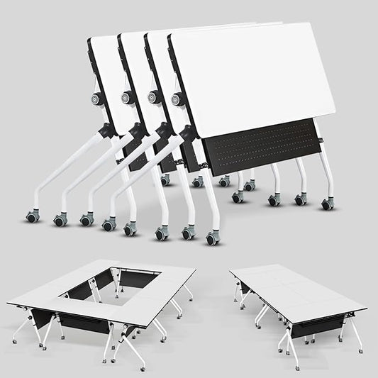 Conference Table, Folding Conference Room Tables, Mobile Training Tables with Silent Wheels, Large Rectangular Modular Seminar Table Office Computer Desks for Classroom White (4Pack L63in)