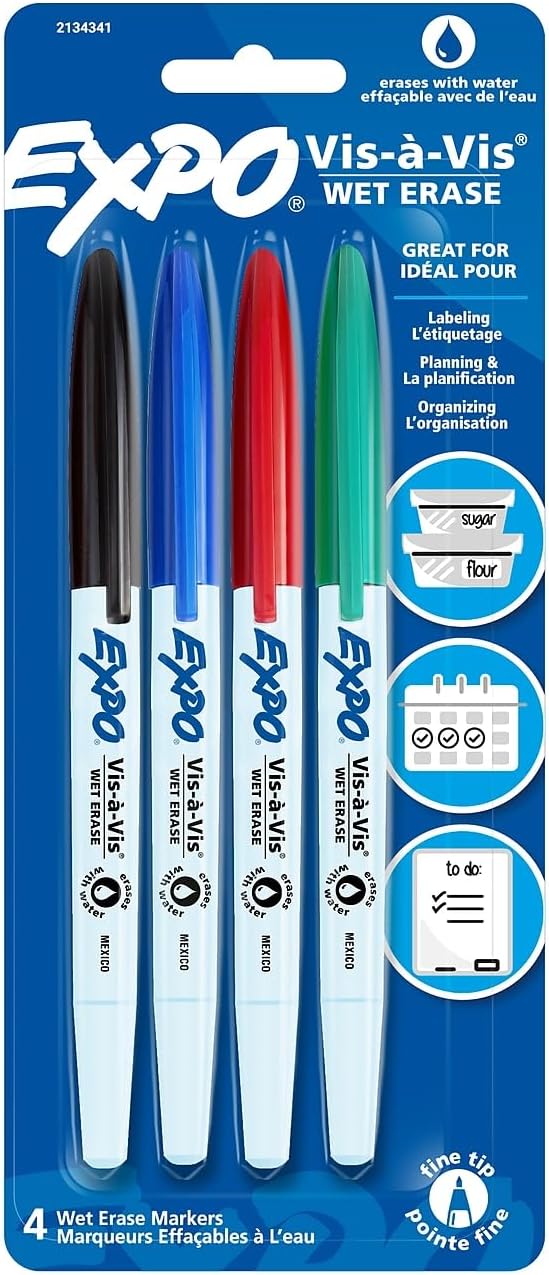 Expo Vis-a-Vis Wet-Erase Marker, Fine Point, 4-Color Set (SAN16074)