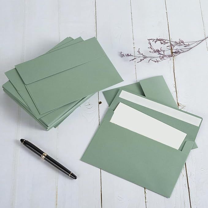 Wishop 100 Pack Sage-Green A7 Envelopes Self-Adhesive 5x7 Envelopes for Invitations, 5x7 Greeting Cards