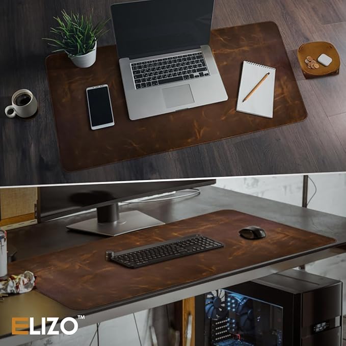 ELIZO Leather Desk Pad Real Leather Desk Mat Thick (3mm) Double Layer (31x15.6) Cover Blotter Desk Protector Large Computer Mat for Keyboard Mouse Pad Table Laptop Mat Office Desktop Accessories