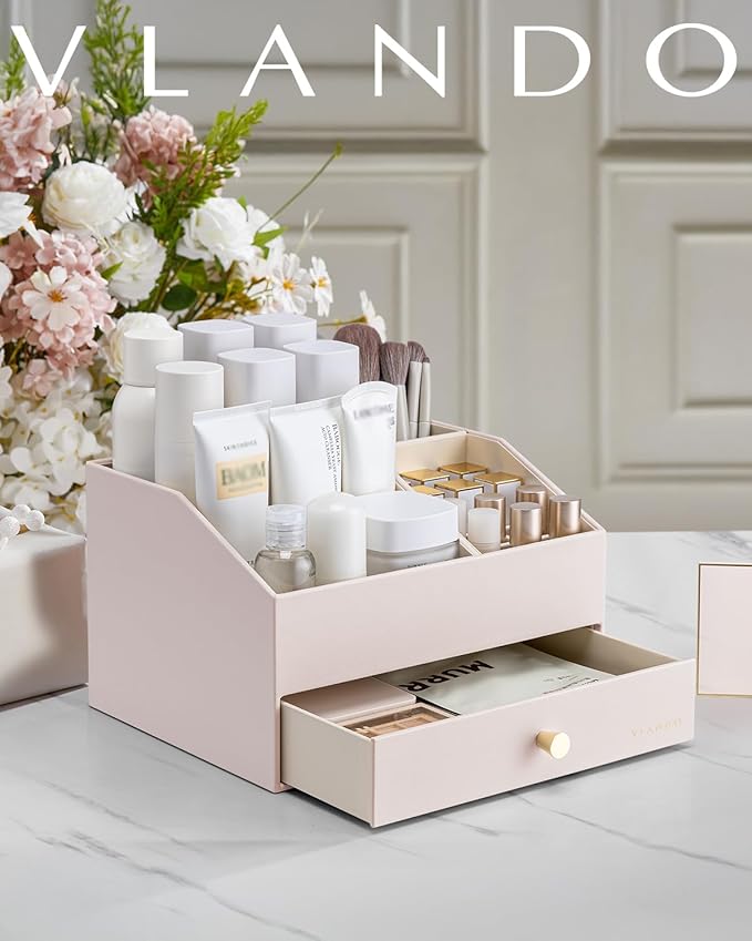 Vlando Makeup Organzier,Vanity Organizer with Drawers, PU Leather Skincare Organizer Perfume Organizer,Large Cosmetic Display Case for Lipstick,Brushes Gifts for Women-Apricot White