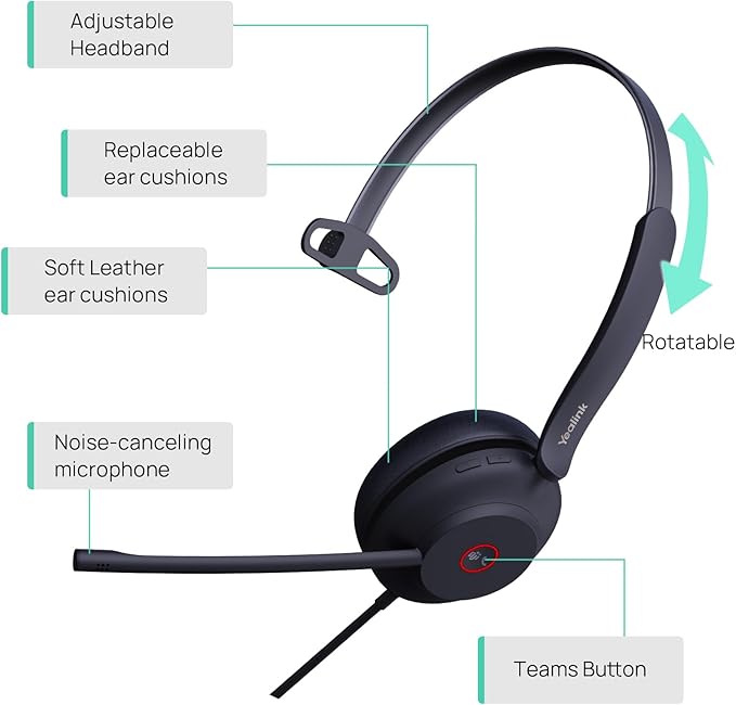 Yealink UH37 Professional USB Headset with Microphone for PC Laptop Noise Cancelling & Volume Control VoIP Skype Teams Online Conference(Mono)(USB-A)