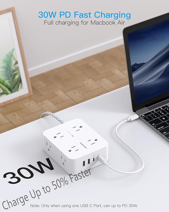 PD 30W USB C Power Strip Surge Protecor, 8 Outlets 4 USB Fast Charger (2 USB C Ports), 1080J Desk Charging Station for Multiple Devices, 6 Ft Flat Plug Extension Cord for College Dorm Room Essentials