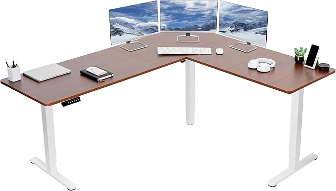 VIVO Electric Corner L-Shaped 75 x 63 in Standing Desk, Memory Height Adjustment, Dark Walnut Top White Frame, DESK-E3CTWD-75