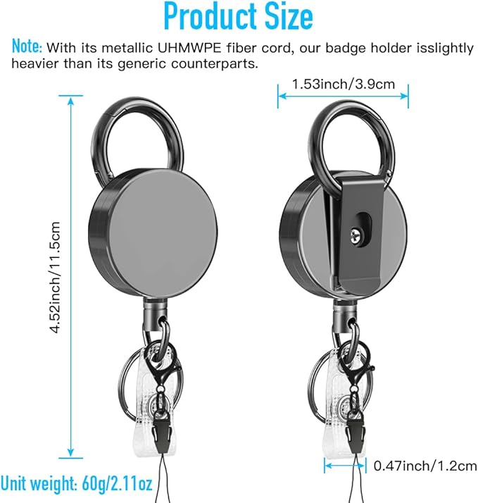 Heavy Duty Metal Retractable Badge Reels, ID Badge Holder with Belt Clip Key Ring, Retractable Metal Keychain Badge Holder, 1 Pack