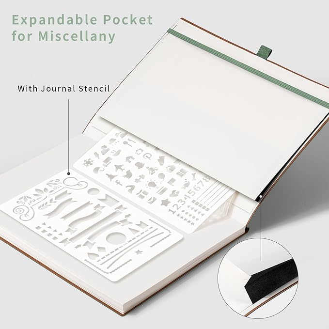 AHGXG Bullet Dotted Journal - Dot Grid Notebook Journal, 120 GSM Thick Acid-Free Paper, Large B5 Dotted Notebook 96 Pages, Leather Softcover, Inner Pocket, Journal Stencil, 7.6'' X 10'' - Sage Green