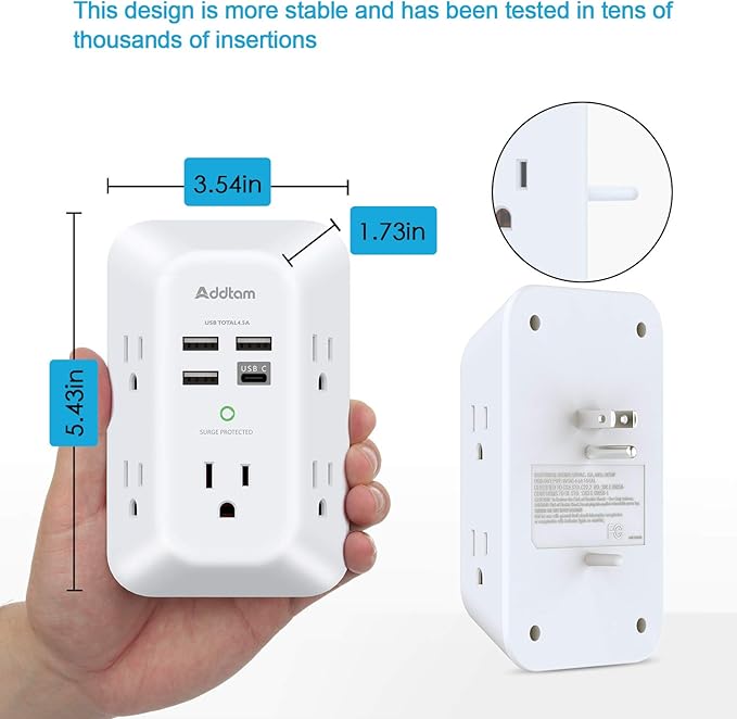Addtam USB Wall Charger Surge Protector 5 Outlet Extender with 4 USB Charging Ports (1 USB C Outlet) 3 Sided 1800J Power Strip Multi Plug Outlets Wall Adapter Spaced for Home Travel Office ETL Listed