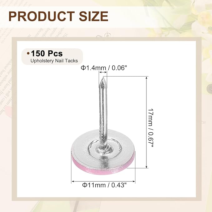 uxcell 150Pcs Upholstery Tacks, 11mmx17mm Flat Head Thumb Tack Decorative Furniture Nails Push Pins for Furniture Sofa Headboards, Pink