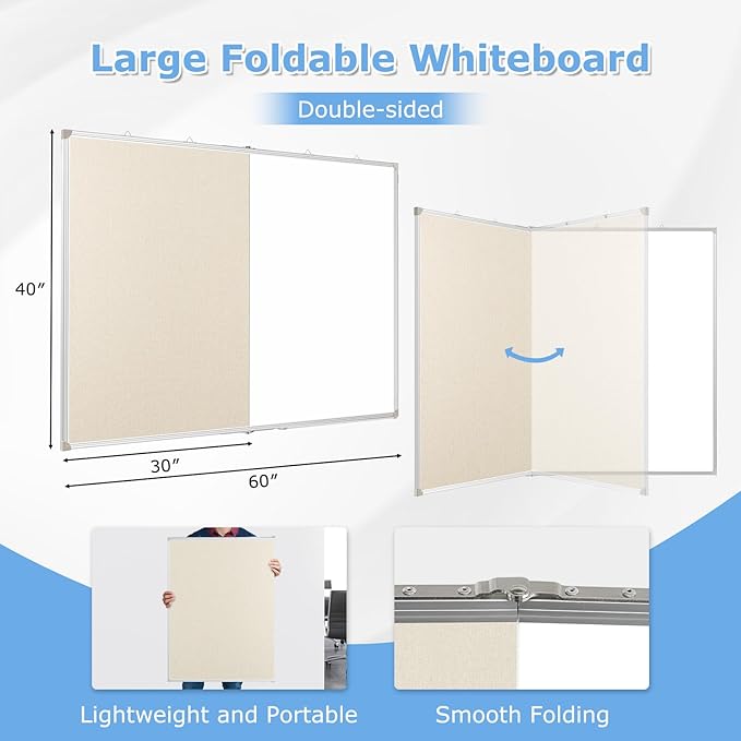 DOLLAR BOSS Foldable Linen Cork Board White Board Combo 60 x 40 in Extra Large Magnetic Whiteboard Dry Erase Bulletin Board Portable Double Sided Aluminum Frame Pin Board for School Office, White