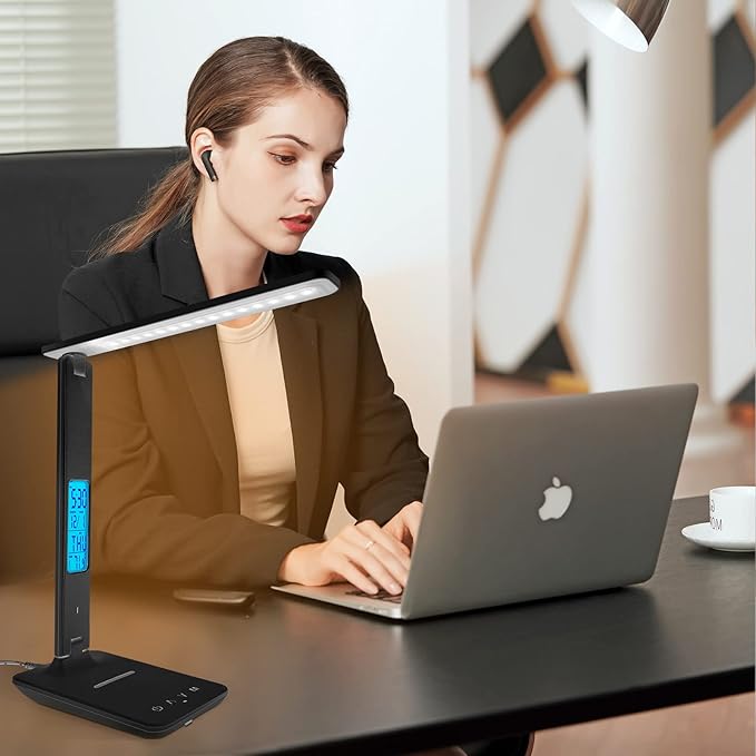 Desk Lamp with Wireless Charger, USB Charging Port, Dimmable Office Desk Light with Clock, Alarm, Date, Temperature, Foldable Lamp for Table Bedroom Bedside Office (Black)