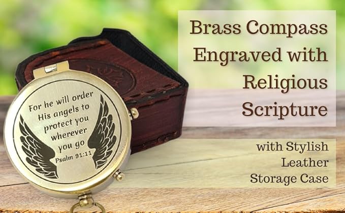 Brass Compass Engraved with Religious Scripture Verse - Ideal Gift for Son, Grandson, Daughter - Perfect for Baptism, Communion, Church and Graduation Day Present