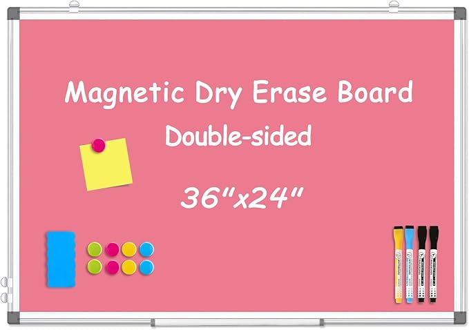 WALGLASS Magnetic Whiteboard 36"x24" Dry Erase White Board for Walls with Pen Tray, Aluminium Frame and Dry-Wipe Writing Surface for Kids' Drawing, Home, and Office (Pink)