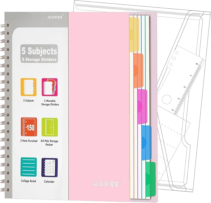 5 Subject Notebook - Spiral Notebook, College Ruled Notebook with Dividers Pocket, Tabs, 11" Ruler, 300 Pages, for Writing Journal, Home & Office, School Supplies (8.5 * 11Pale Pink)
