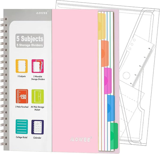 5 Subject Notebook - Spiral Notebook, College Ruled Notebook with Dividers Pocket, Tabs, 11" Ruler, 300 Pages, for Writing Journal, Home & Office, School Supplies (8.5 * 11Pale Pink)