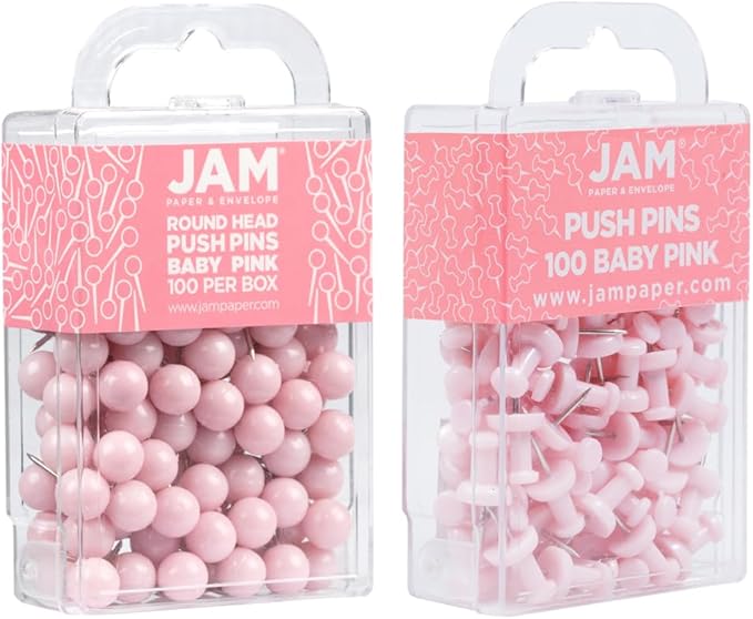 JAM PAPER Colorful Push Pins - Flat & Round Head Thumb Tack Combo Set - Baby Pink Pushpins - 200/Pack
