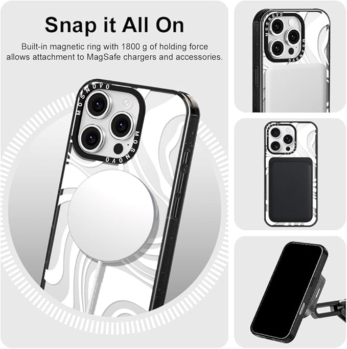 MOSNOVO Magnetic Case for iPhone 16 Pro, 10ft Military-Grade Protection, Compatible with Magsafe, Shockproof Phone Case for iPhone 16 Pro - White Swirl - Clear Black