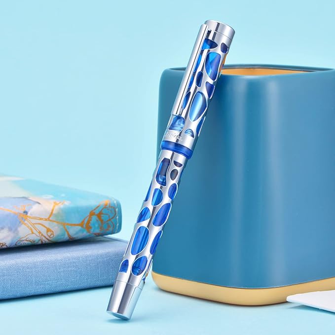 Asvine V169 Vacuum Filling Fountain Pen Medium Nib, Water Drop Skeleton Transparent Blue Acrylic Pen Case Set