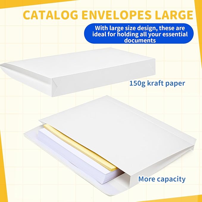 20 Pcs 12 x 16 x 1.6 Inch Large Expandable Catalog Envelopes Manilla Kraft Peel and Seal Envelopes Light Large Mailing for Office Home Documents Magazines Photos Storage Organizing (White)